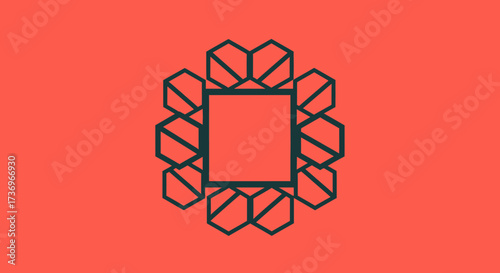Geometric abstract pattern with central square and surrounding cubic shapes.