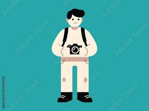 Illustrative depiction of a person holding a camera on a teal background