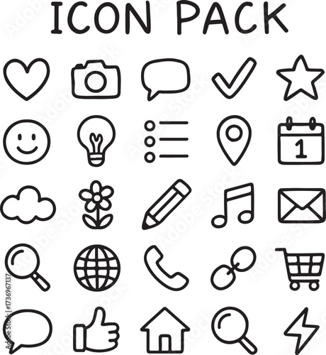 Hand-drawn doodle liner icon pack, irregular sketch outline style, playful and fun vector