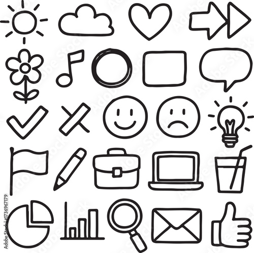 Hand-drawn doodle liner icon pack, irregular sketch outline style, playful and fun vector