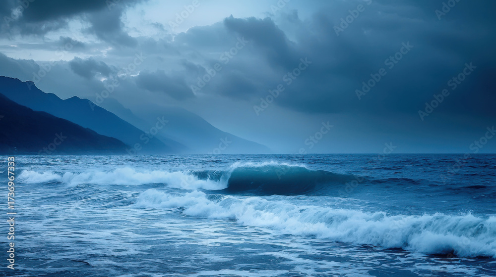 Fototapeta premium Serene Ocean Waves Under Stormy Sky with Dark Mountains in the Background at Dusk Highlighting Nature's Tranquil Beauty and Power of the Sea