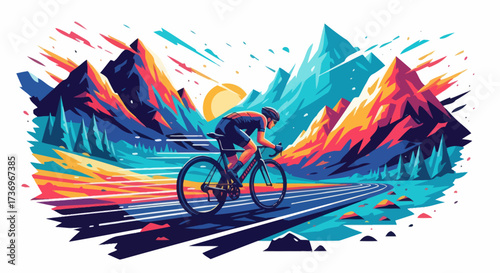 Cyclist Riding Road Bike Mountain Landscape.