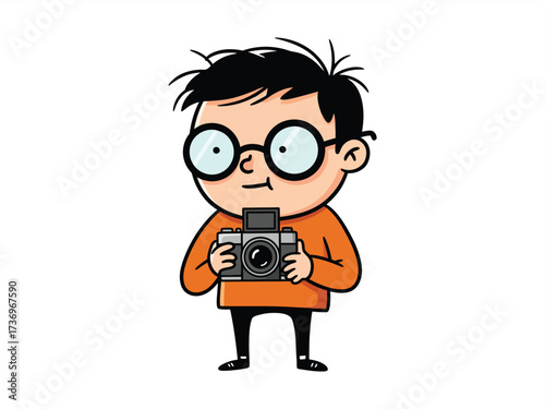 A charming cartoon illustration of a young boy exploring his photography hobby