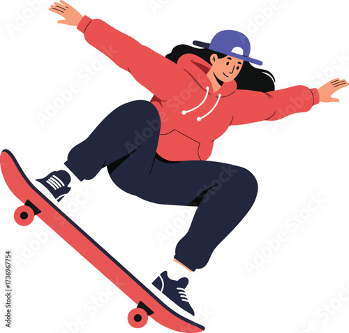 Dynamic illustration of a young woman skateboarding with vibrant energy and skill, embodying freedom