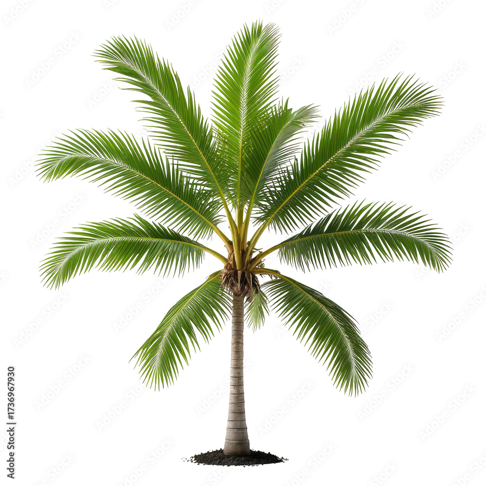 Fototapeta premium Lush green palm tree on black backdrop, isolated. Tropical nature