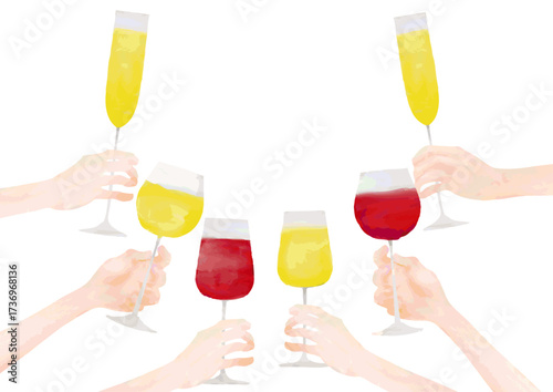 水彩風　大勢で乾杯するCheers in Watercolor Series:A group of people toasting with champagne