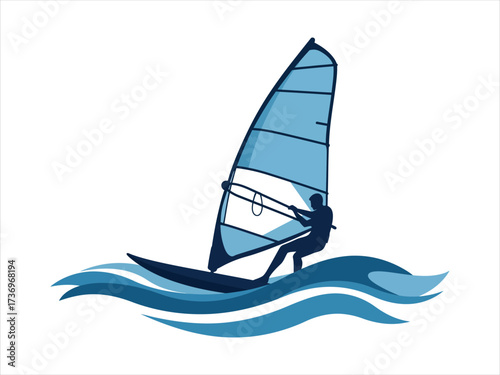Windsurfing Silhouette on Blue Waves Illustration