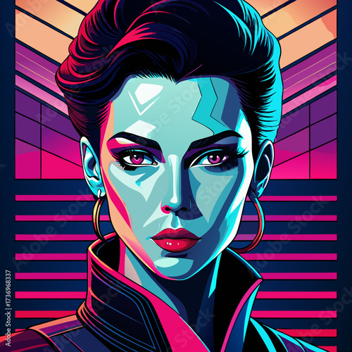 A neo-noir portrait styled with retro-futuristic fashion and bold makeup, dramatically lit by vibrant neon light through window blinds, creating sharp geometric shadows.