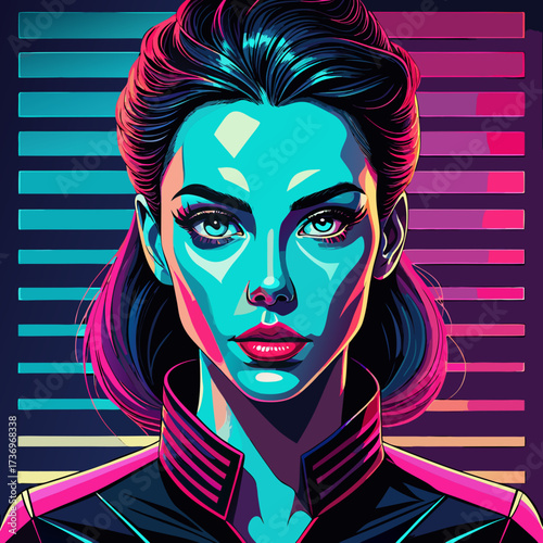 A neo-noir portrait styled with retro-futuristic fashion and bold makeup, dramatically lit by vibrant neon light through window blinds, creating sharp geometric shadows.