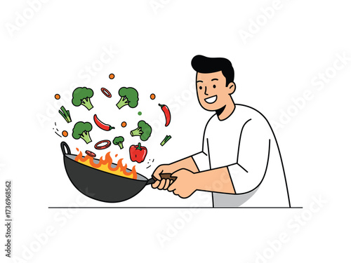 Joyful Man Stir-Frying Fresh Vegetables in a Wok for a Healthy Meal