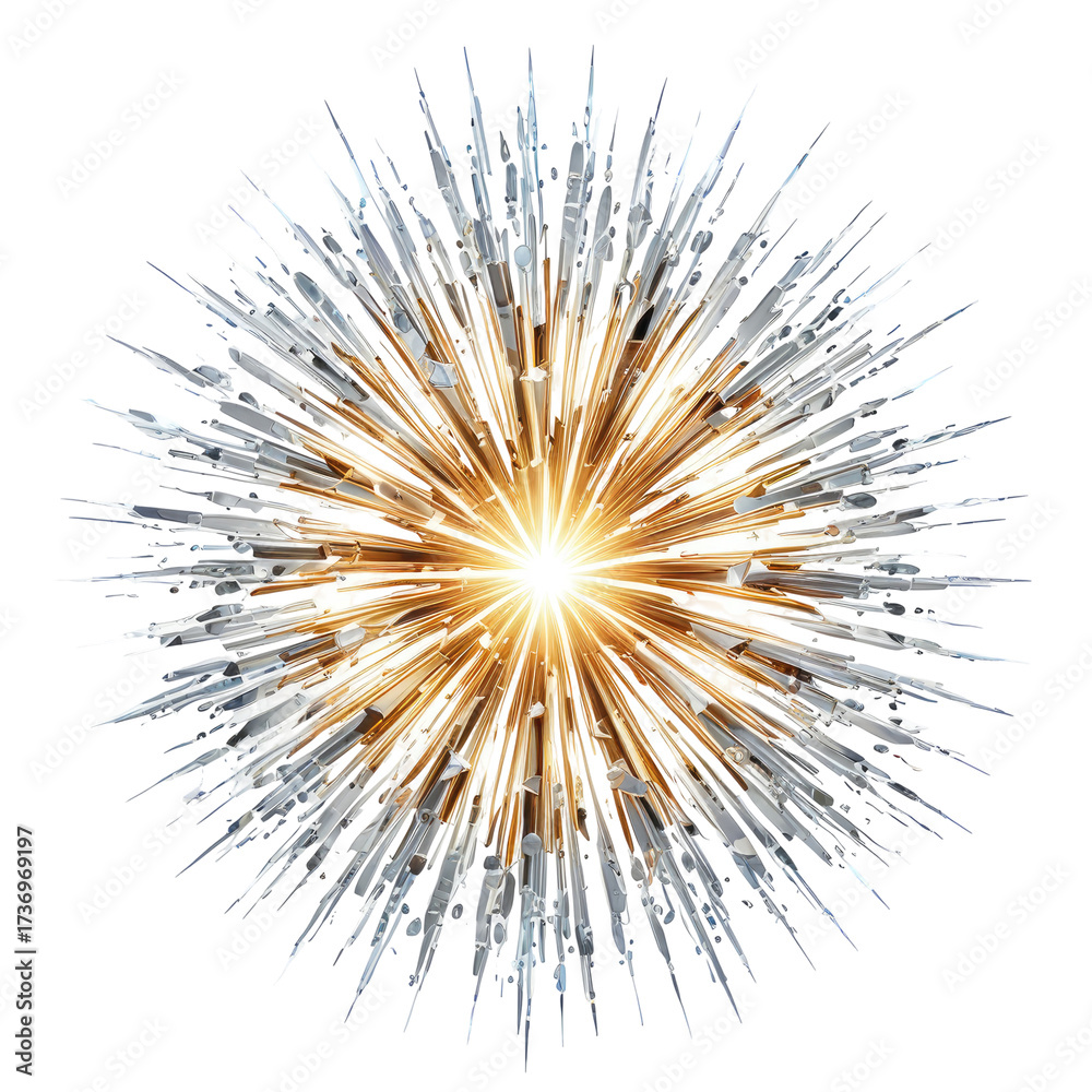 Fototapeta premium Exploding fireworks burst with golden and silver rays against black background