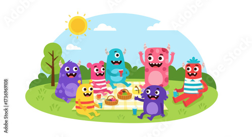 Cute colorful cartoon monsters enjoying a delightful outdoor picnic party together.