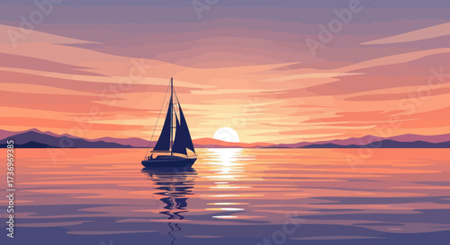 Sailboat on calm water at sunset.