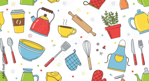 Kitchen utensils and accessories pattern design on white background.