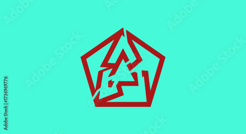 Abstract red geometric symbol with sharp angles on a bright background.