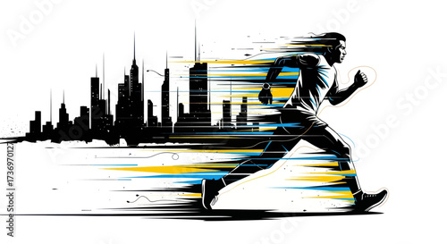 Energetic runner sprinting forward with speed and determination in urban environment.
