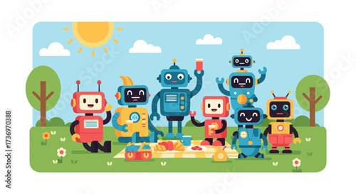 Cute Robots Enjoying a Picnic Together in a Park.