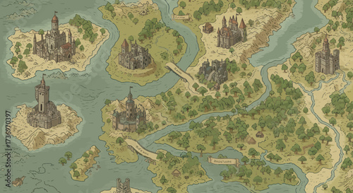 Fantasy Map with Castles and Rivers - A Detailed Cartographic Illustration.