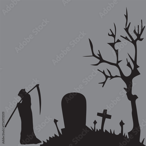 Silhouette of grim reaper with scythe standing in a spooky graveyard with tombstones and a barren tree, dark horror scene illustration on gray background