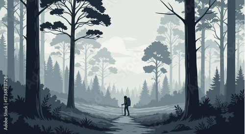 Solitary hiker with a backpack on a forest path.