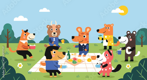 Cartoon dogs enjoying a sunny park picnic together.
