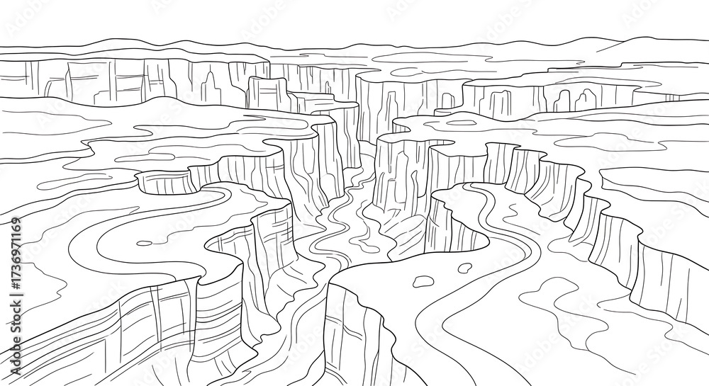 Obraz premium Flat doodle outline of a canyon with winding paths and rock formations