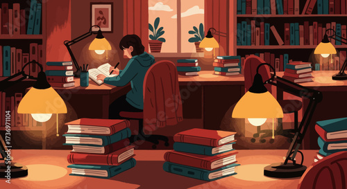 A focused individual studying diligently at a desk under lamplight.