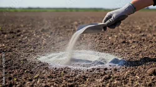 Wallpaper Mural Closeup of granite dust being spread evenly over agricultural soil to enrich nutrients and improve crop yield in sustainable farming practices. Torontodigital.ca