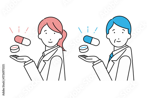 薬の案内や提案をする若い女性の薬剤師と中年の男性の薬剤師のイラスト