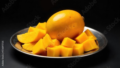 A whole mango and cut mango pieces arranged on a silver plate against a dark background scene view