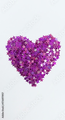 Purple Star Confetti Arranged in Heart Shape on a White Background