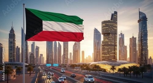 Kuwaiti flag waving in the wind with a modern cityscape and highway in the background