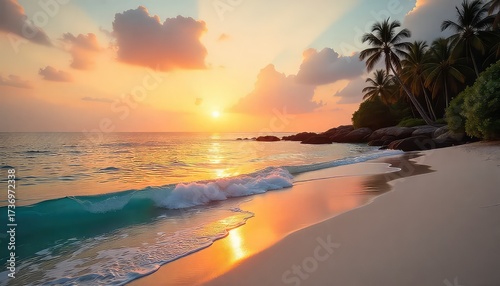 A serene beach scene at sunset featuring palm trees and gentle waves reflecting the golden light