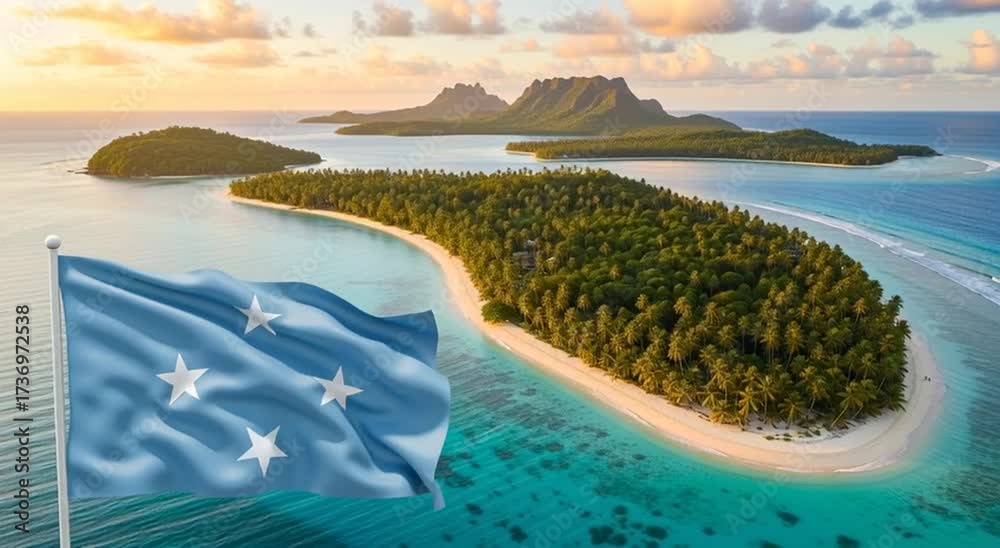 Aerial view of tropical island with micronesian flag waving in the foreground scene