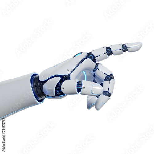 Robotic hand pointing finger with blue and white details. The hand is rendered with fine details, with a focus on a futuristic aesthetic
