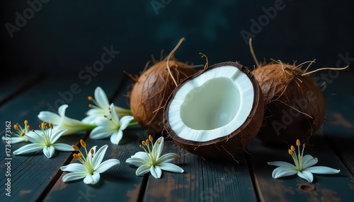 Still life of coconuts and white flowers on a dark wooden surface with a dark background scene set