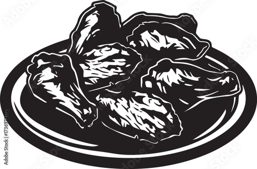 A plate of chicken wings, black and white illustration