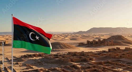 Libyan flag waving over ancient ruins in a desert landscape under a clear blue sky view