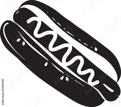 Black and white illustration of a hot dog with mustard, isolated on white background
