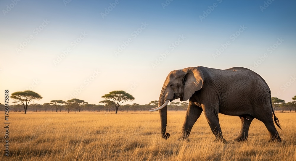 Fototapeta premium Wild African Elephant Striding Through Golden Savanna at Sunset