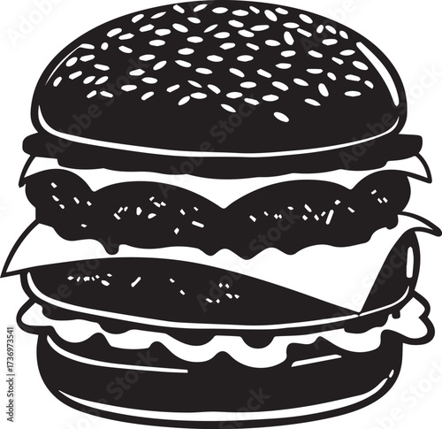 Black and white illustration of a double cheeseburger isolated on white background