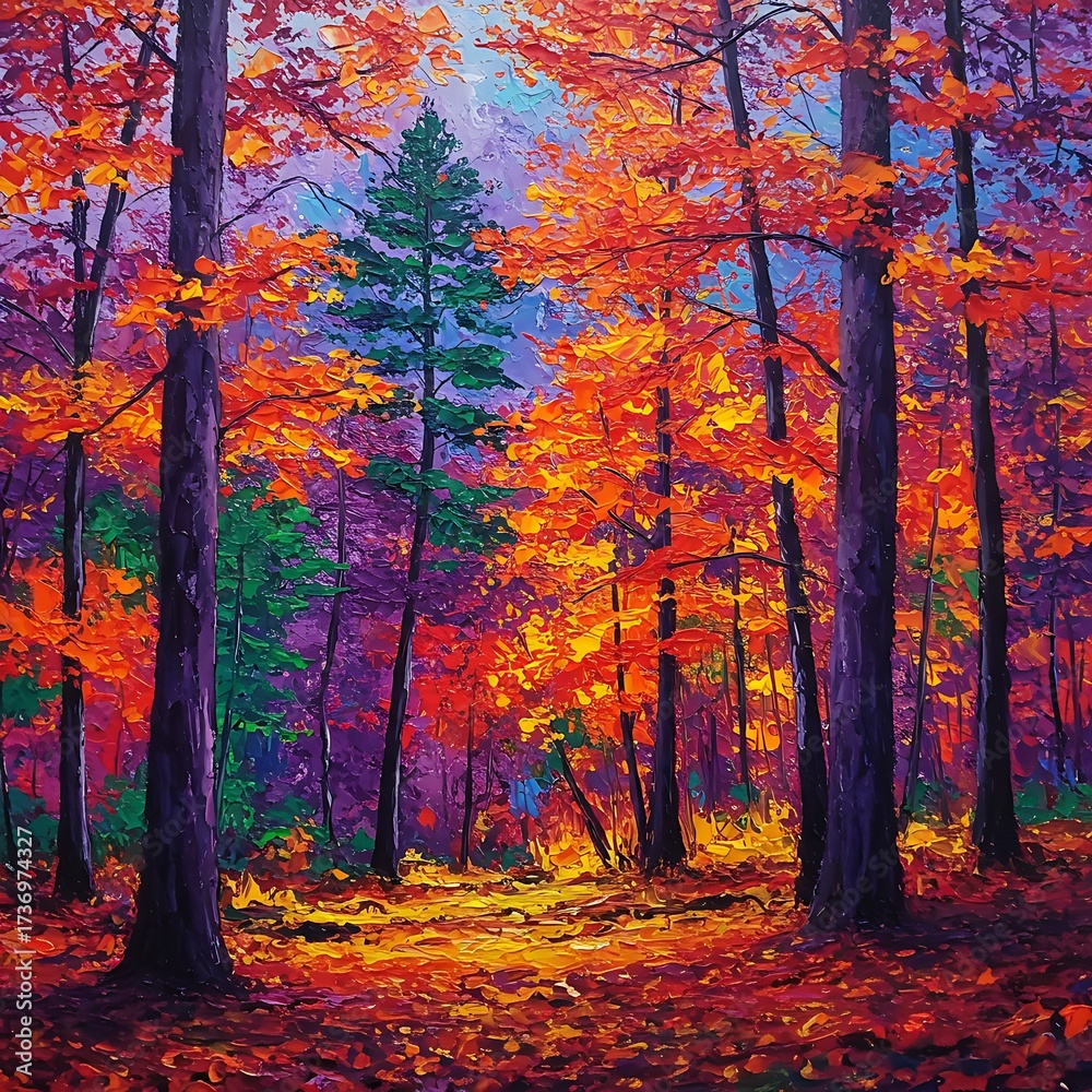 Fototapeta premium A vibrant painting of an autumn forest with colorful trees in shades of red, orange, purple, and green, creating a warm and inviting atmosphere.