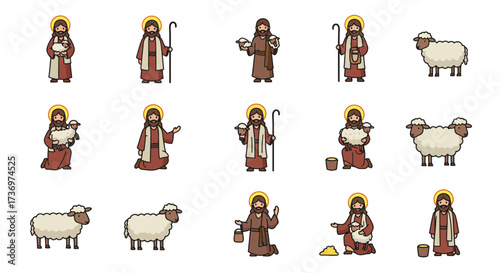 A cartoon collection of Jesus and sheep illustrations set against a plain white background