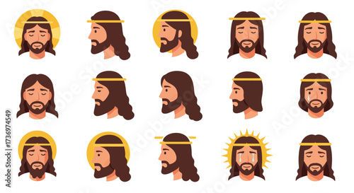 Array of fifteen cartoonstyle Jesus head illustrations with diverse poses and expressions