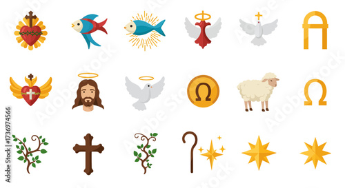 Array of religious symbols hearts crosses fish doves lamb stars Omega Jesus