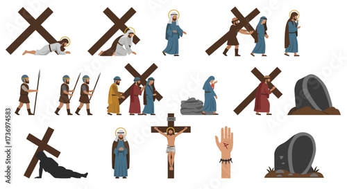 Artwork depicts Christ carrying cross crucifixion tomb Roman soldiers people and resurrection symbols