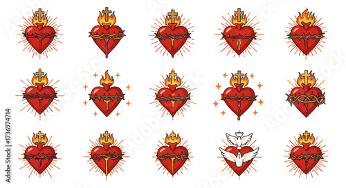 Fifteen heart images with flame tops and surrounding lights one with doves