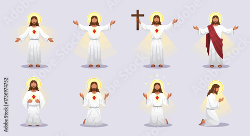 Group of eight cartoon depictions of Jesus Christ with halos and sacred hearts