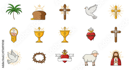 Icons depict Christian symbols palm bread dove crosses chalices heart lamb thorns Jesus