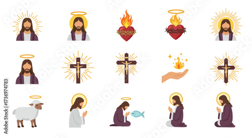 Icons depict Jesus cross heart ablaze lamb prayer  hand w flameChristian imagery